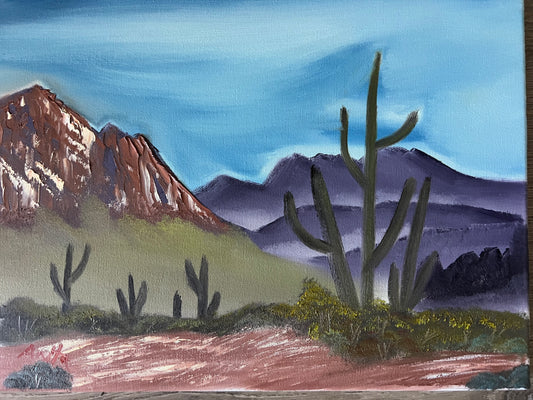 Painting of a desert landscape with mountains and cacti